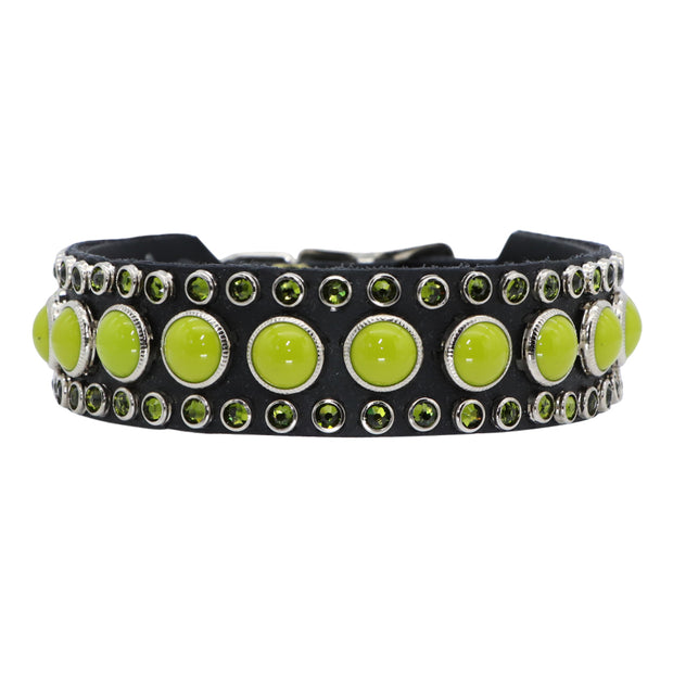 Dog Collar - Lime Swarovski crystals & glass cabochons on black leather - SIZE: 14"