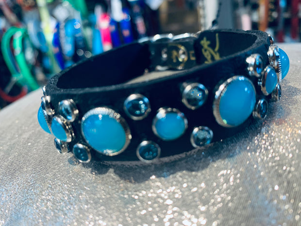 Dog Collar - Black leather with Turquoise Swarovski crystals & glass Cabochons - SIZE: 13" & 14"