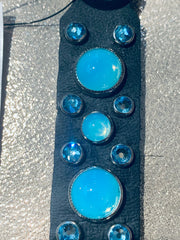 Dog Collar - Black leather with Turquoise Swarovski crystals & glass Cabochons - SIZE: 13" & 14"