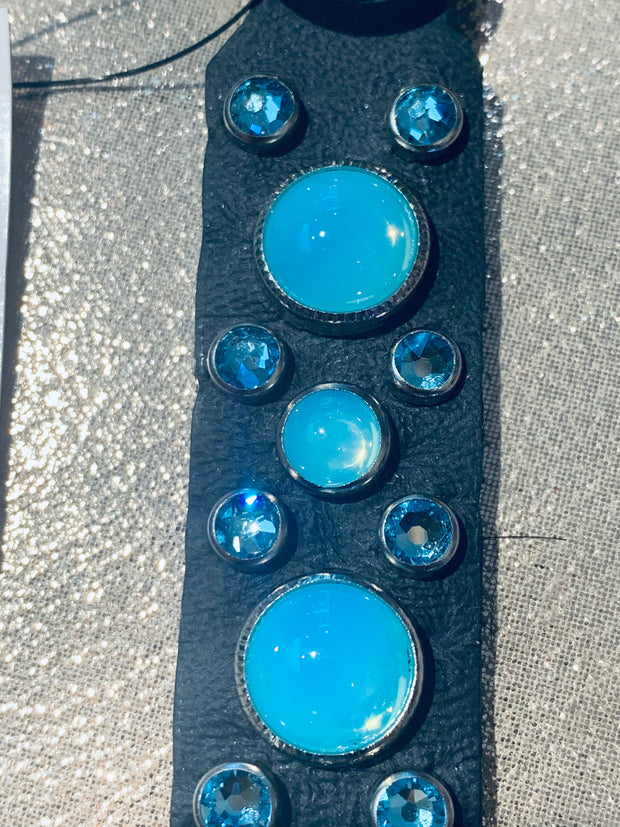 Dog Collar - Black leather with Turquoise Swarovski crystals & glass Cabochons - SIZE: 13" & 14"