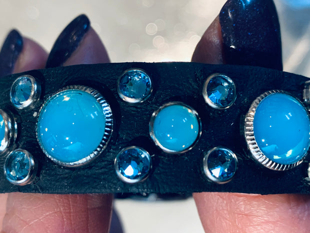 Dog Collar - Black leather with Turquoise Swarovski crystals & glass Cabochons - SIZE: 13" & 14"