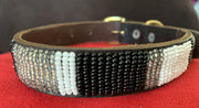 Dog collar made in Africa: Brown leather w/Silver, black & white European glass beads