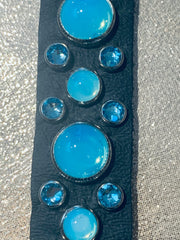Dog Collar - Black leather with Turquoise Swarovski crystals & glass Cabochons - SIZE: 13" & 14"
