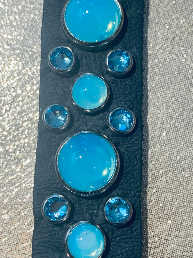 Dog Collar - Black leather with Turquoise Swarovski crystals & glass Cabochons - SIZE: 13" & 14"
